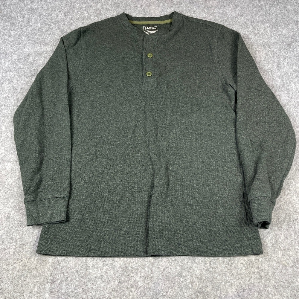 LL Bean Mens Henley Shirt S Reg Olive Green Waffle Knit Cotton 502224 Top